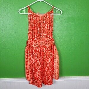 Free People Women's V-NECK Double Tie Orange Floral Smocked Tunic Top SZ Med